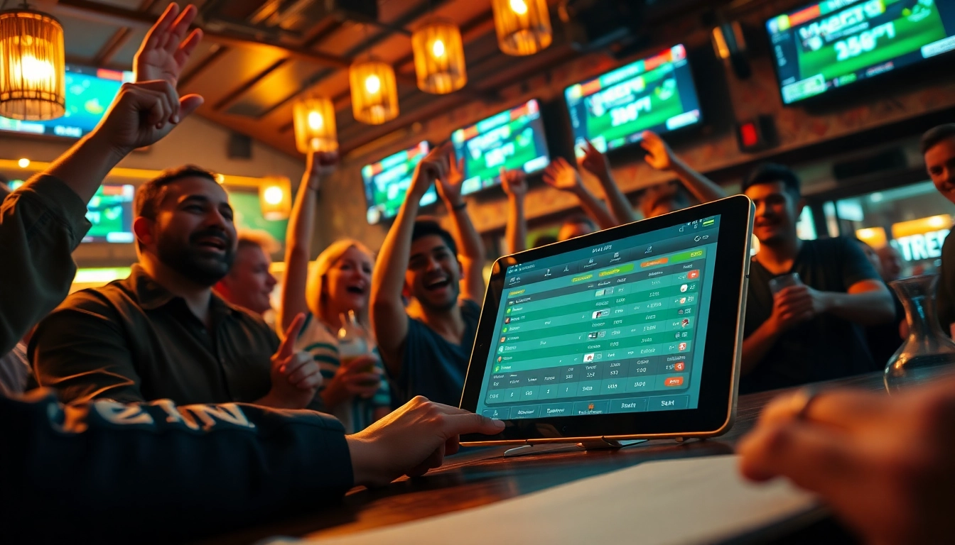 The lively atmosphere of kèo nhà cái 5 betting scene in a vibrant sports bar, showcasing fans and a digital betting interface.