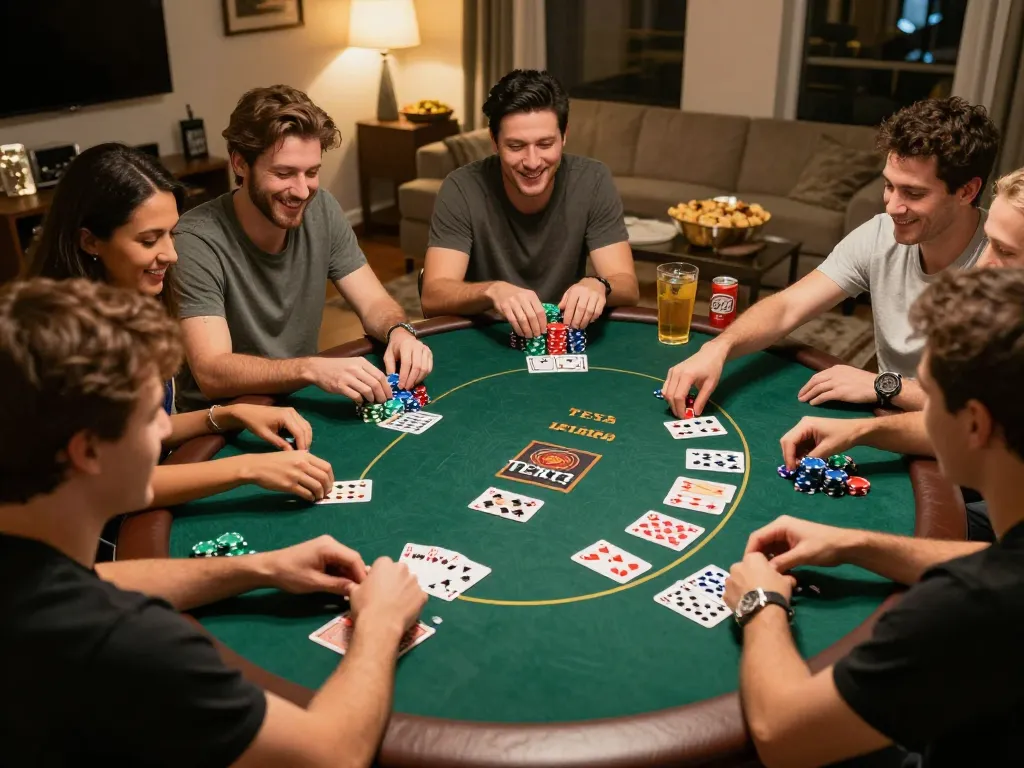 Friends enjoying a lively poker night at home with LODE88 chips and cards, showcasing strategic gameplay.