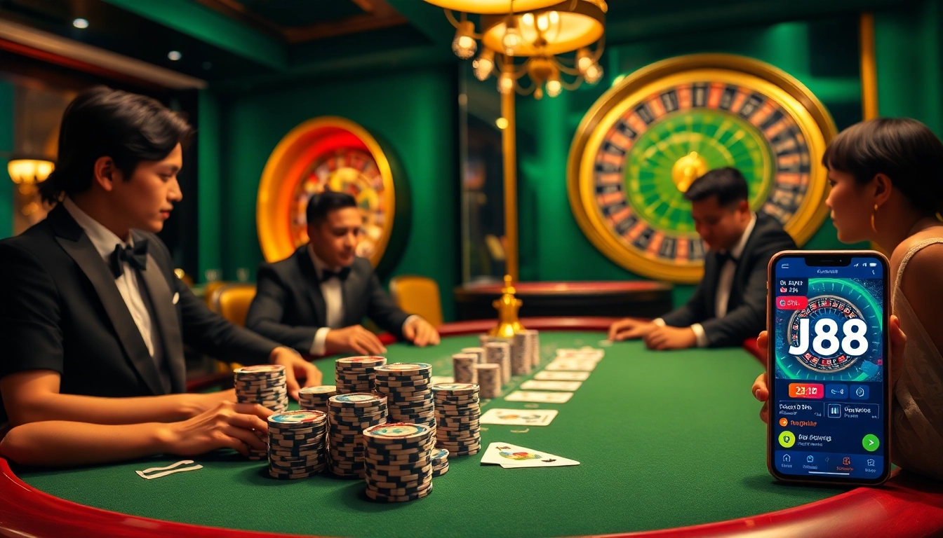 Players engaging in high-stakes poker at J88 casino, featuring luxurious atmosphere and modern technology.