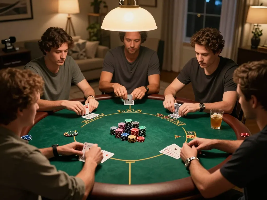 Friends enjoy an exciting Texas Hold'em poker game during a home night, showcasing kp88 vip strategy and camaraderie.