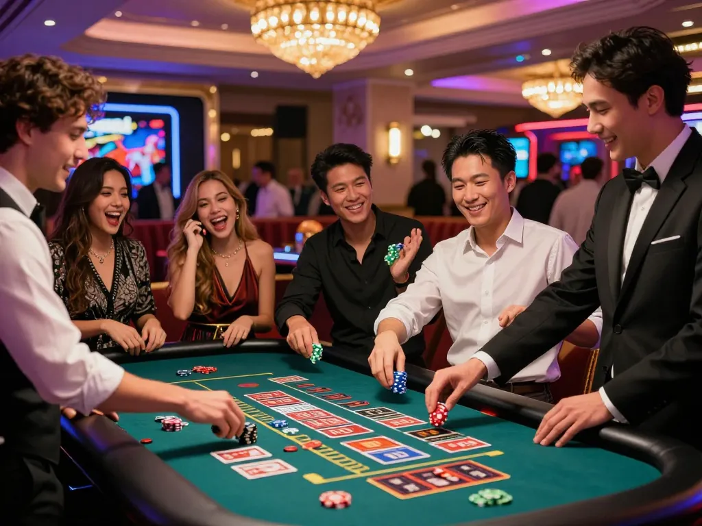 Friends enjoying a lively game at the 789 club casino, colorful chips and cards in action.