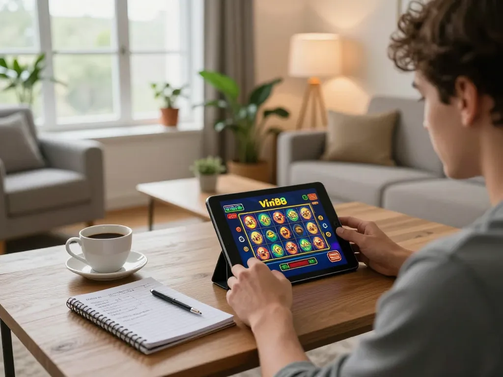 Vin88 player engaging with a dynamic slot game on a tablet in a cozy home setting, illustrating online gambling lifestyle.