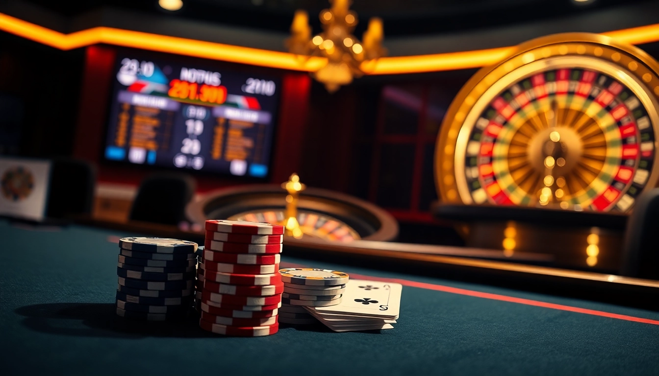 Experience the thrill of trực tiếp bóng đá hôm nay with vibrant casino visuals featuring poker chips and a roulette wheel.