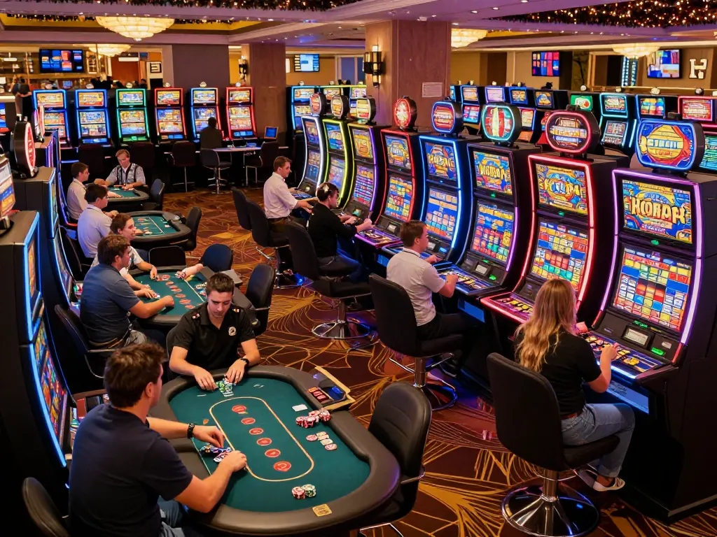 Players enjoying various games at red88 casino, vibrant atmosphere filled with excitement and bright lights.