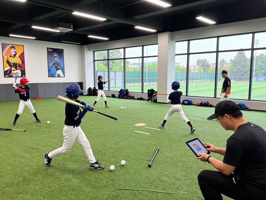 Hitclub baseball training scene with young athletes practicing batting and pitching in a modern facility