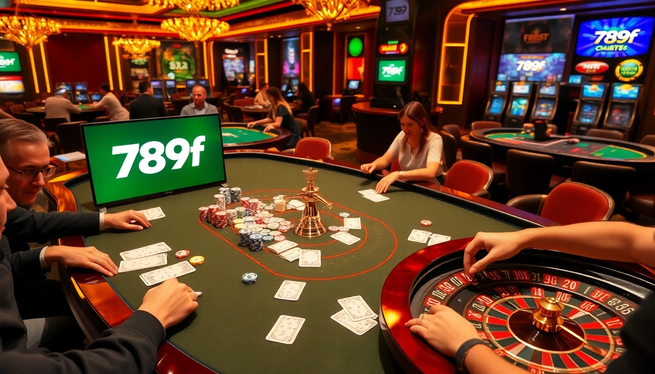 A group of players engaging in the excitement of poker at 789f casino table, showcasing vibrant chips and cards.