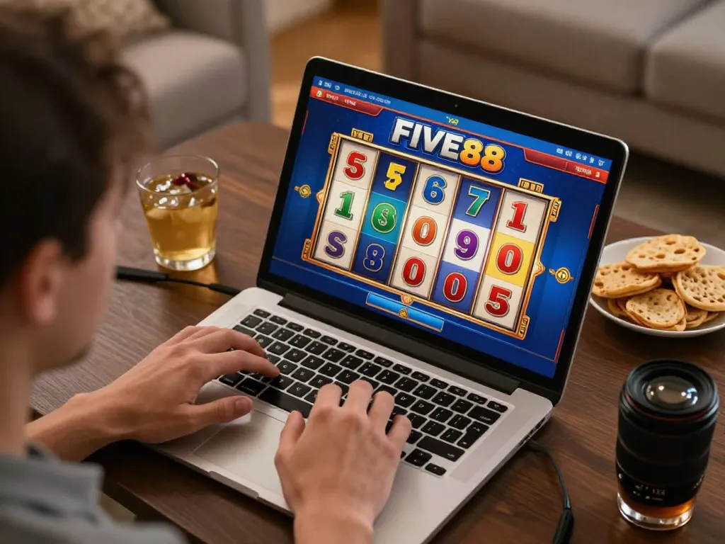 Five88 player engaging with colorful slot game interface on laptop, enjoying strategic online gaming.