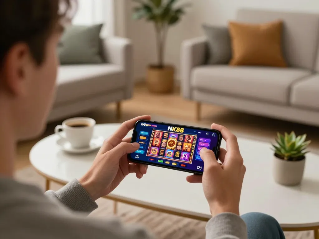 Player enjoying NK88 mobile casino app in a cozy home setting with slot games displayed.