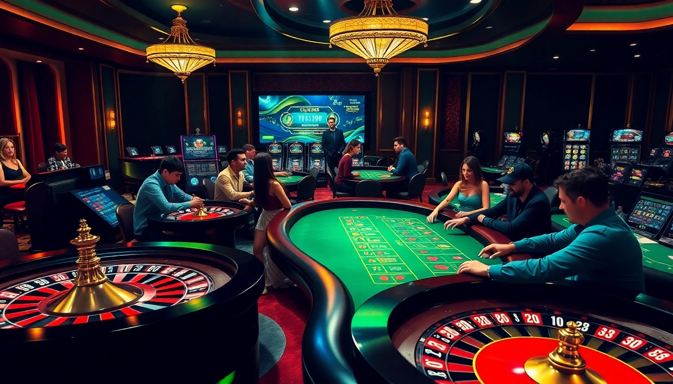 UU88 casino scene featuring roulette, poker tables, and gamblers in action.