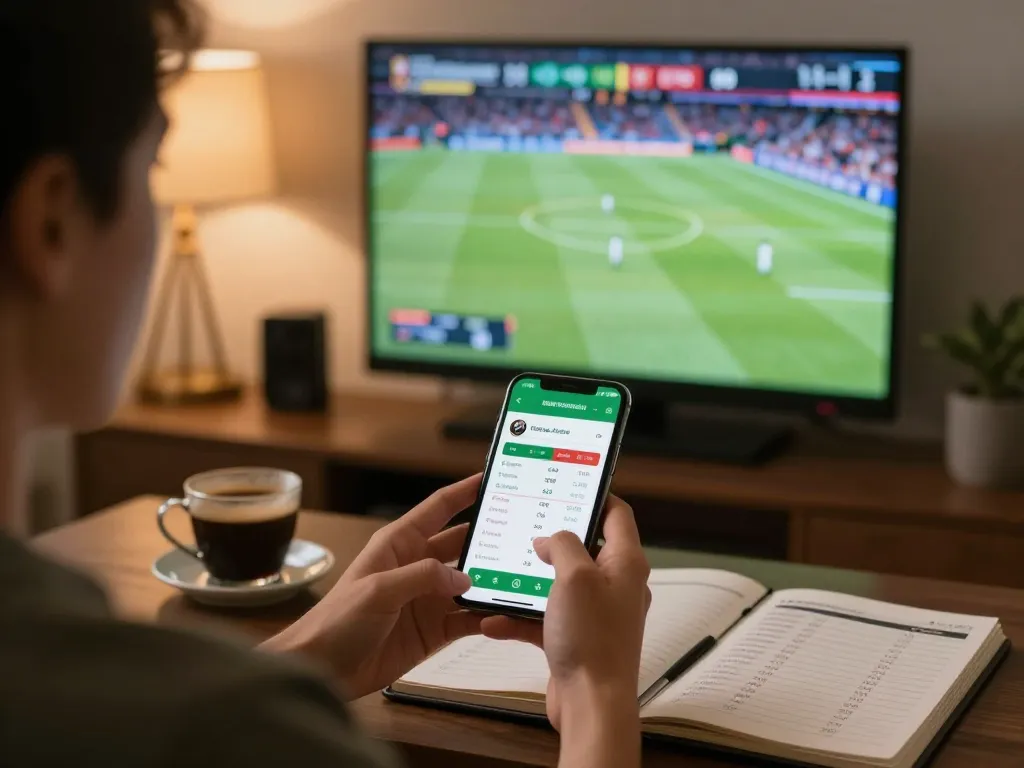 Person actively using the ta88 mobile app for sports betting while watching a live game on TV.