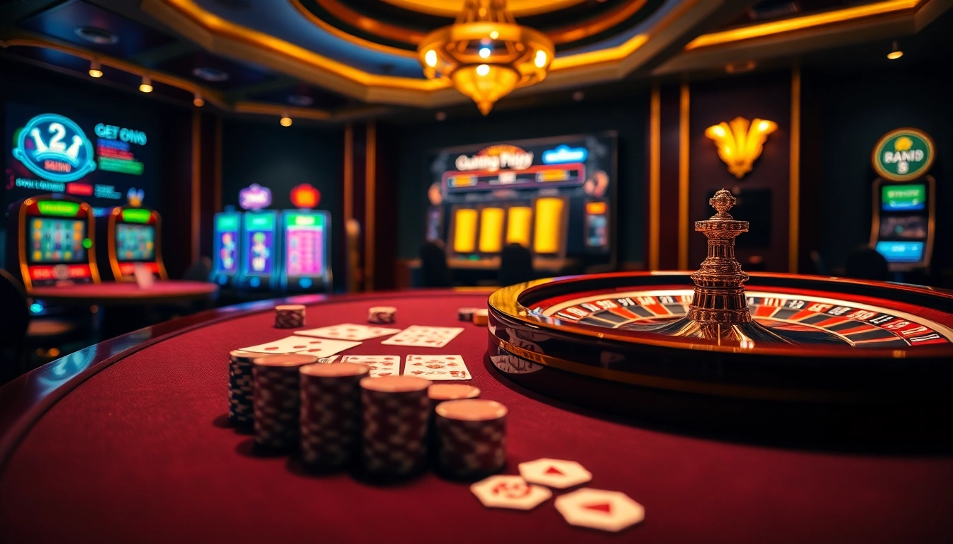 The thrilling atmosphere at https://f168.vision/ captures players engaged in a vibrant casino scene with roulette and poker.