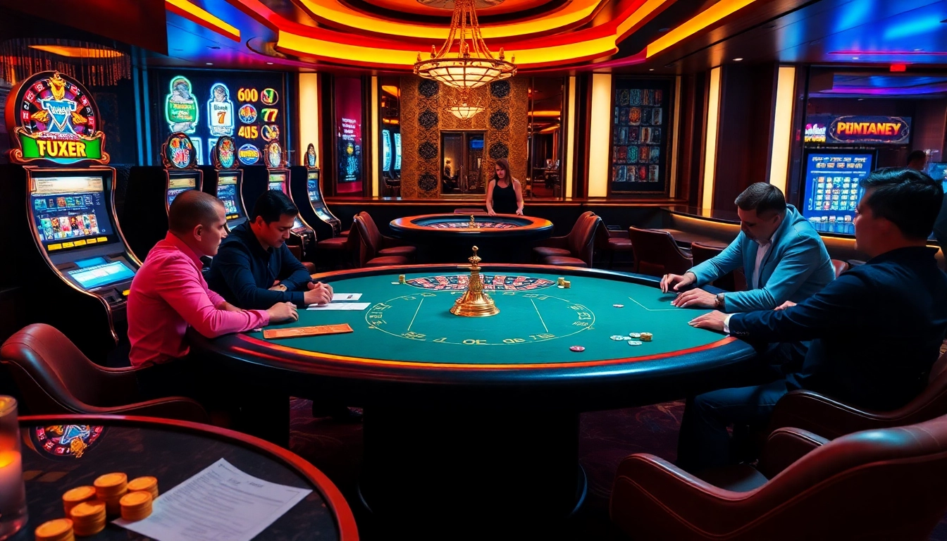 Experience the thrill of open888 at a luxurious poker table surrounded by vibrant casino elements.