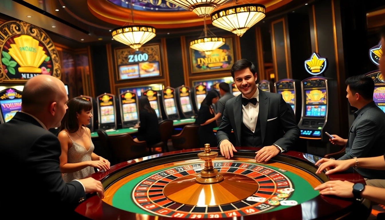 Players enjoy a thrilling game at the KM88 casino, surrounded by vibrant roulette tables and slot machines.