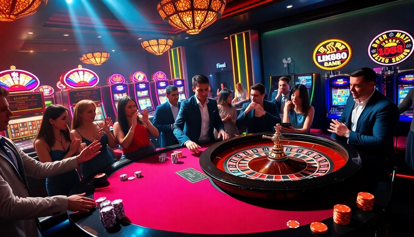 UK88 players placing bets at an exciting roulette game in a vibrant casino atmosphere.