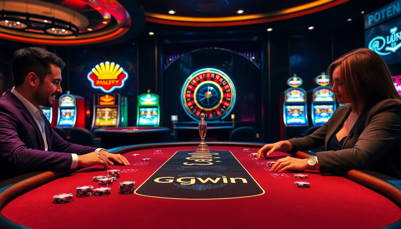 Exciting GGwin casino scene with poker chips and roulette wheel in a luxurious setting.