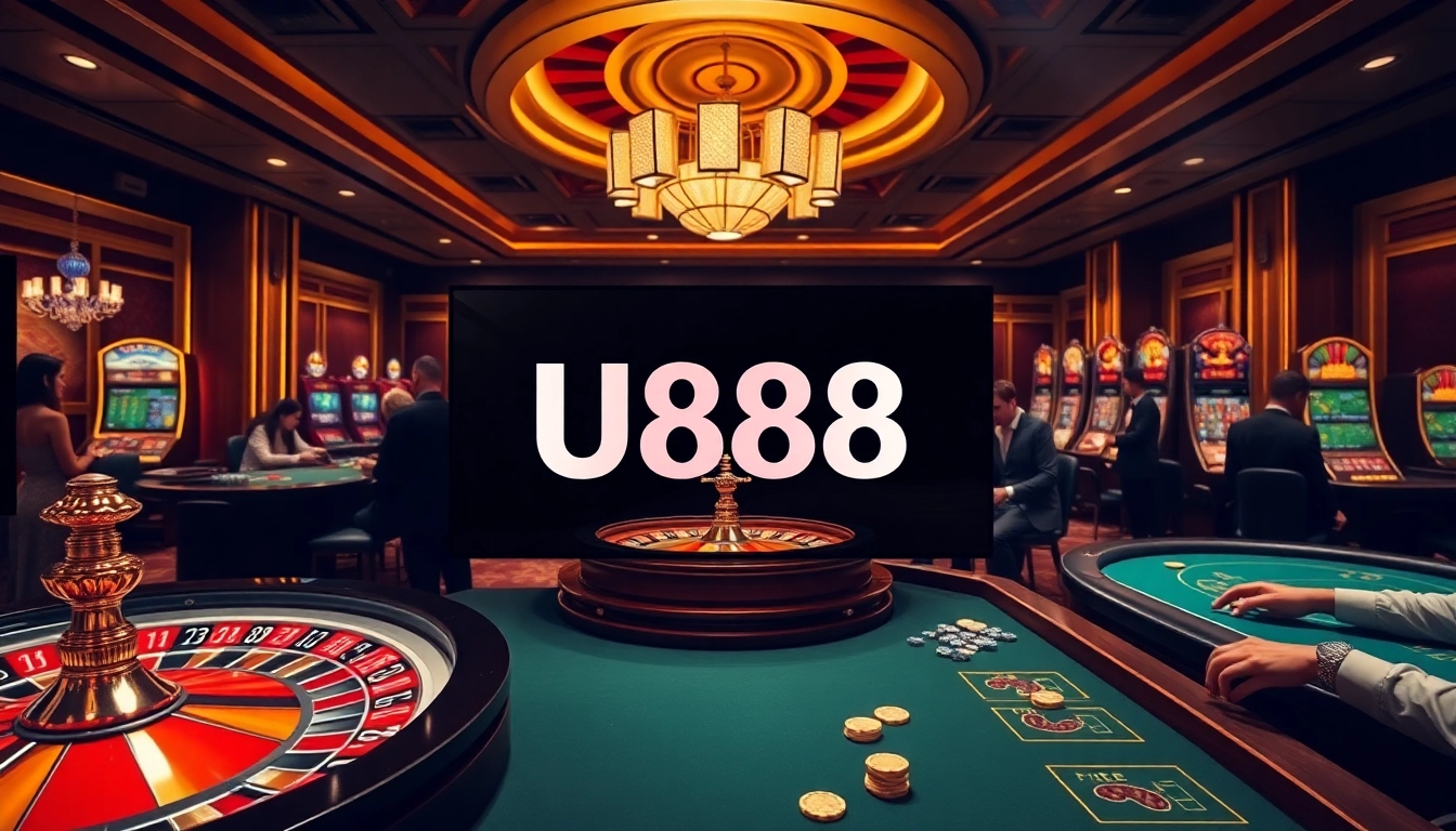 Exciting U888 casino scene with players at poker tables and roulette wheel.
