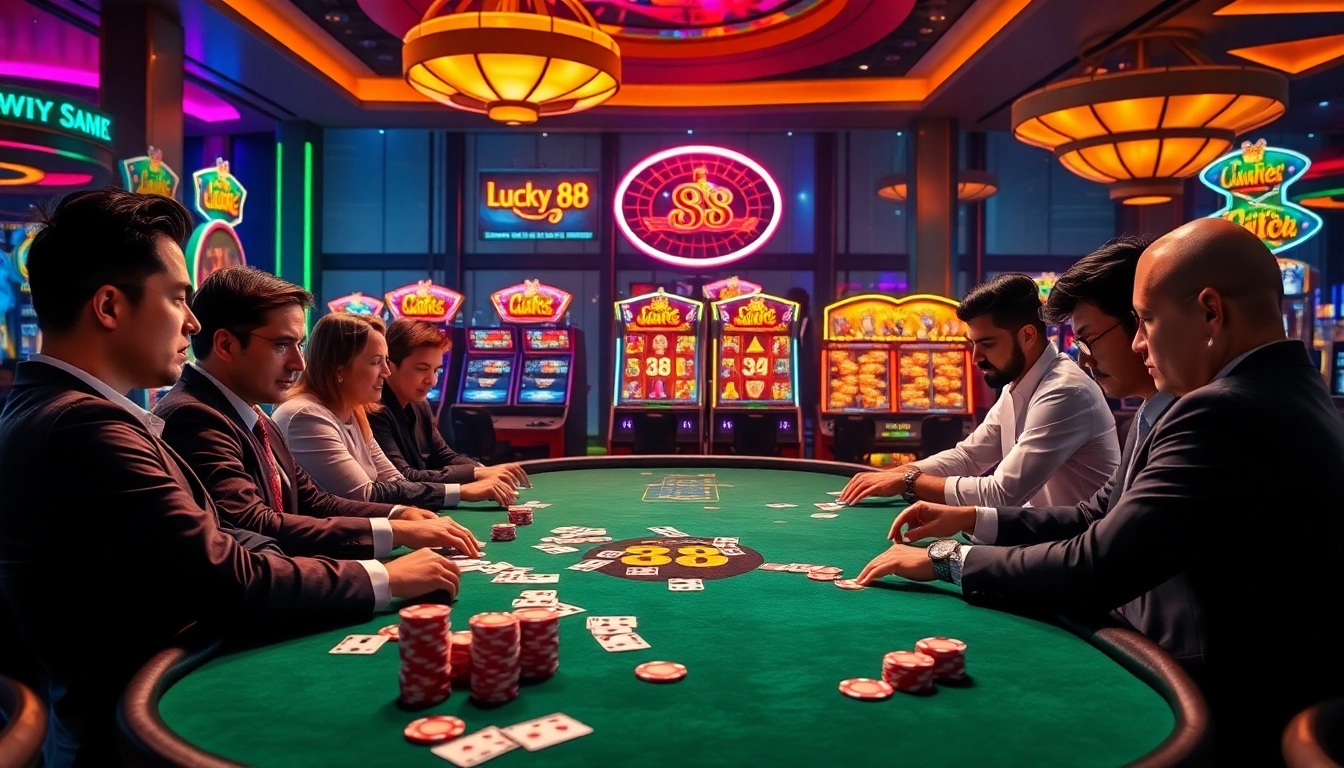 Experience the excitement of LUCKY88 at a vibrant casino table showcasing colorful chips and slots.