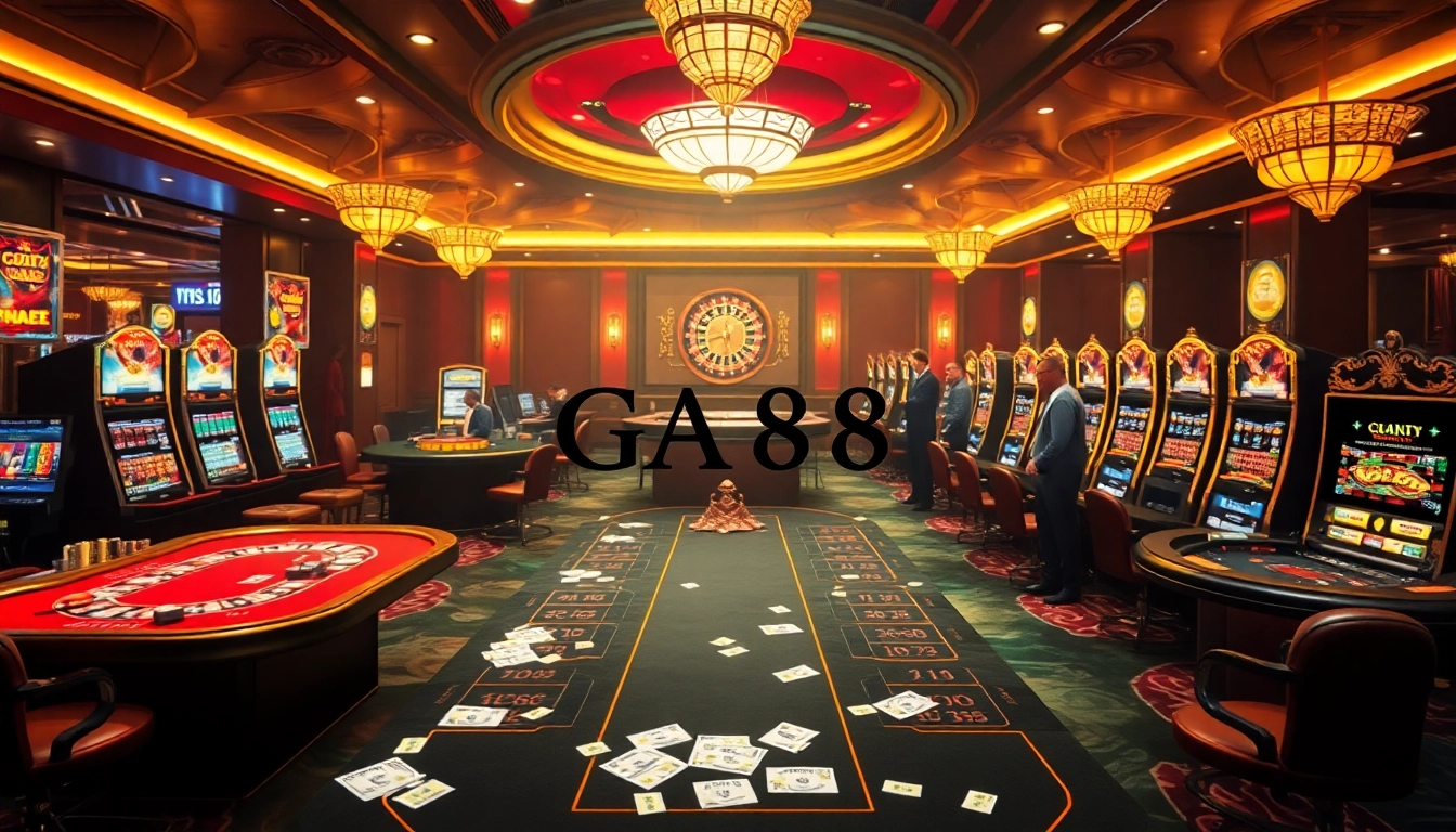Engaging scene of a GA 88 casino with vibrant tables, slot machines, and excited players.