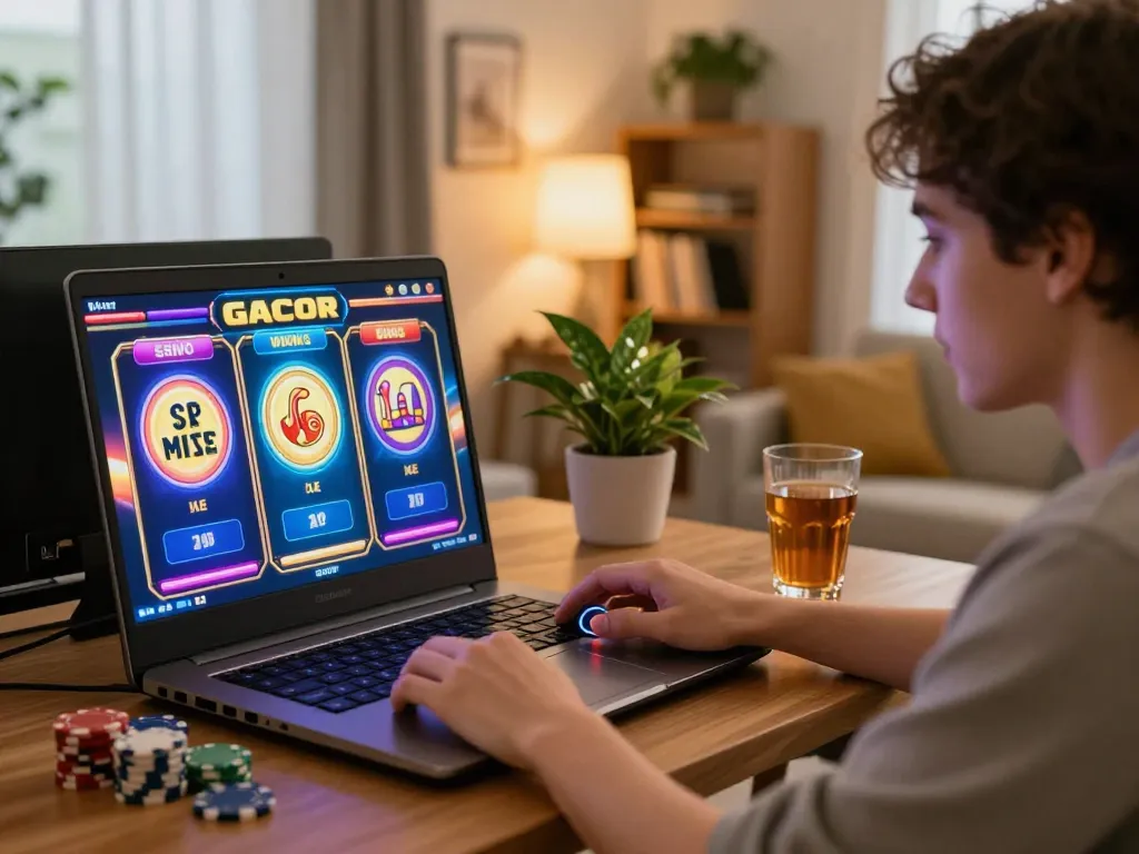 Pemain terlibat dengan mesin Slot Gacor selama sesi permainan online, suasana rumah yang nyaman