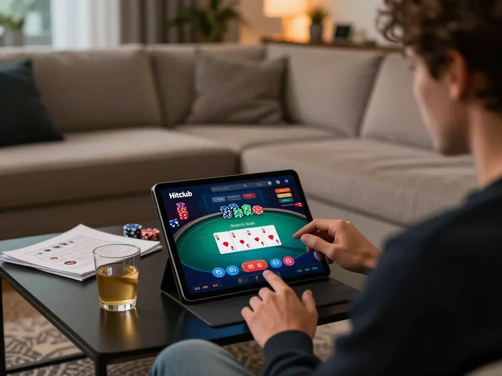 Player enjoying the Hitclub online gaming app in a stylish living room.