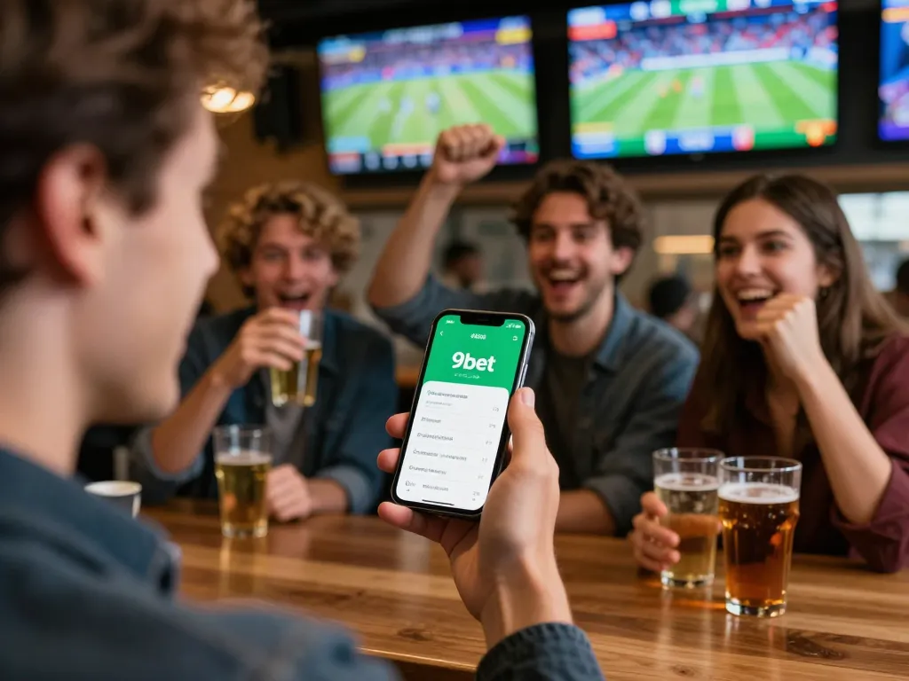 Engaging in live sports betting with 9bet app at a lively bar setting while friends cheer.