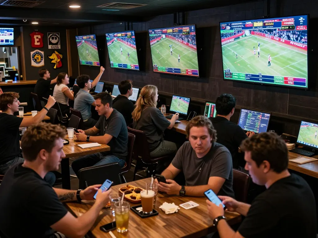 tr88 đăng nhập for online sports betting at a vibrant sports bar with patrons cheering and engaged.