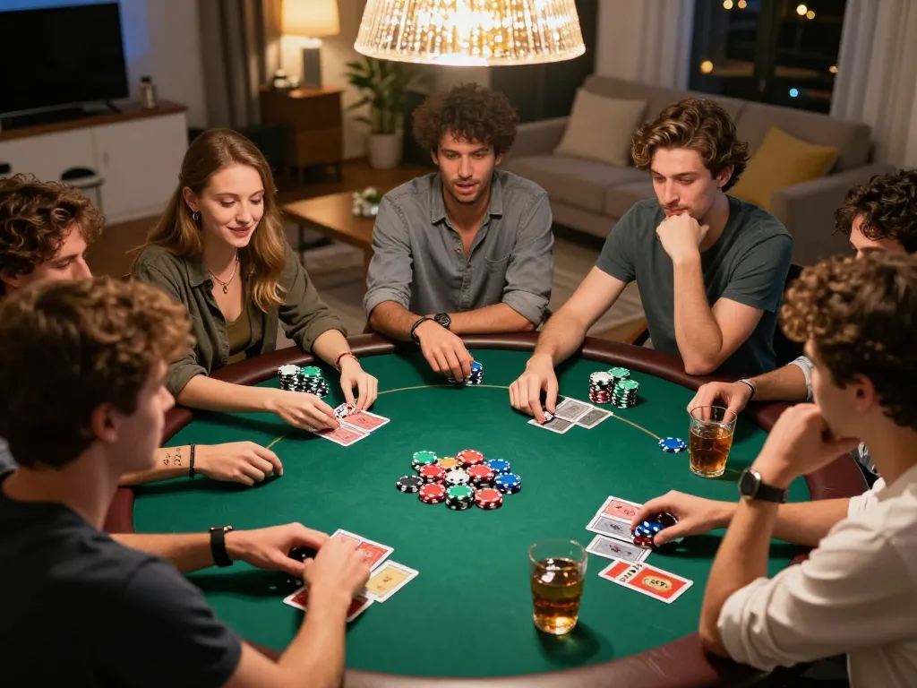 Friends strategically playing poker during a Hitclub game night in a cozy setting with vibrant atmosphere.