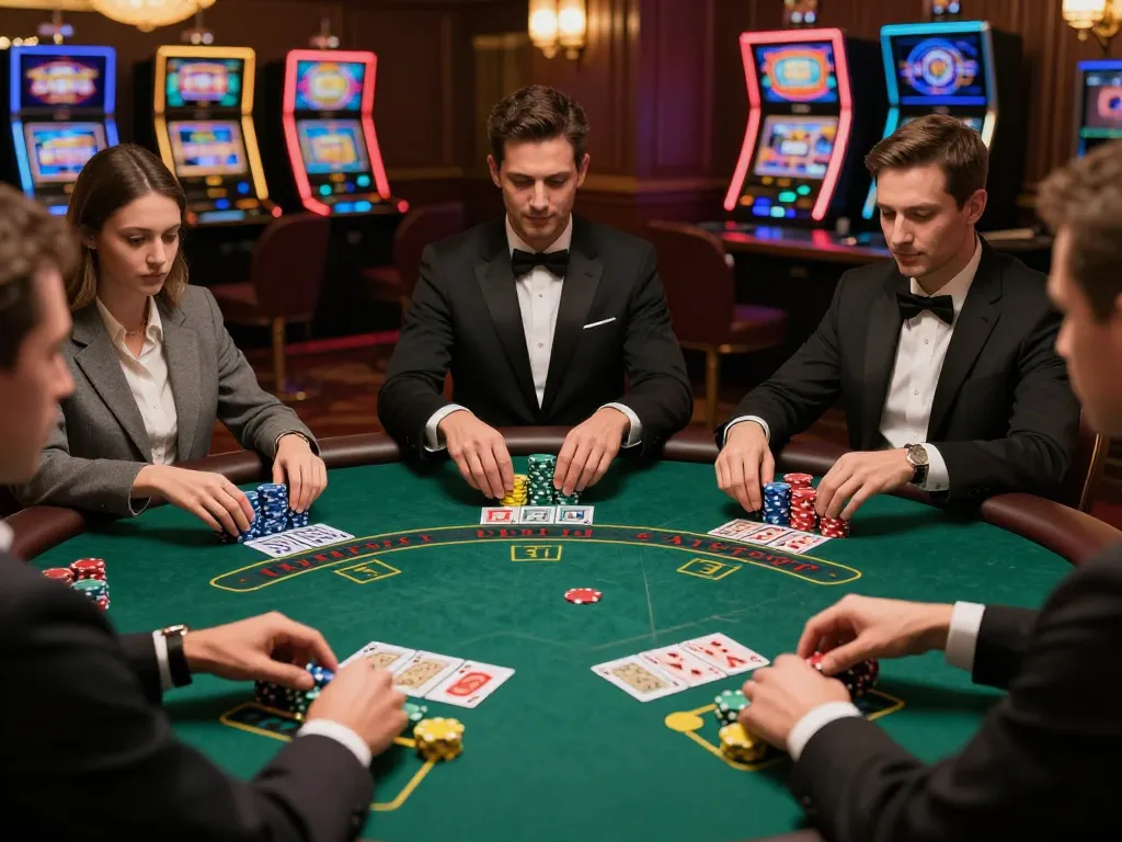 Engaged players strategizing at a bustling GA88 blackjack table in an upscale casino.