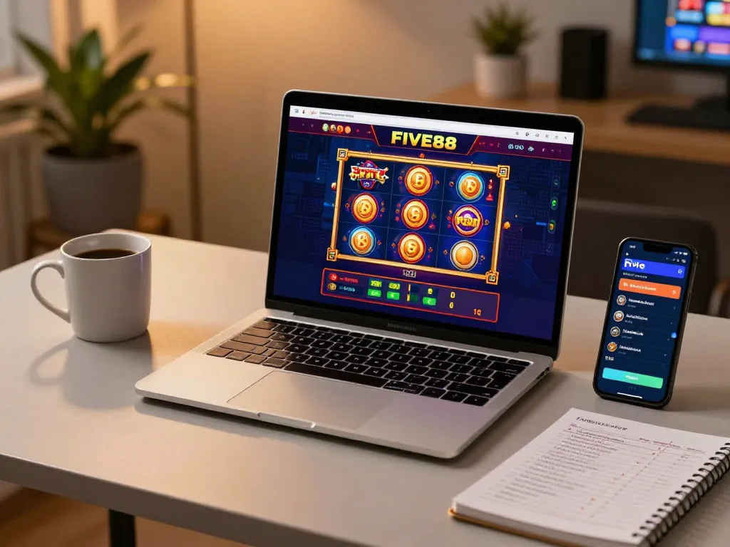 Engaging in online gaming at FIVE88 with vibrant slot graphics and strategy notes.