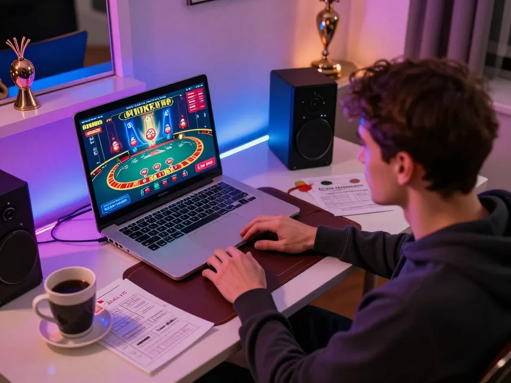 Engaging in tubidy mp3 download while playing online poker at a stylish home desk setup