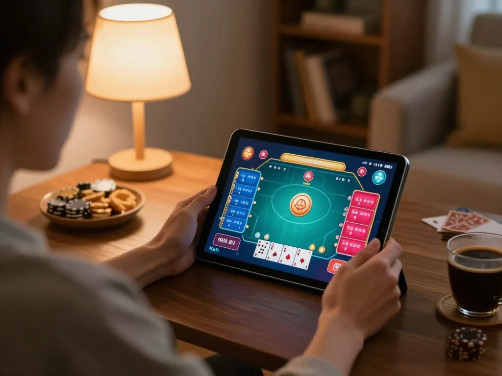 Engaging with KKWIN COM for online poker gameplay in a cozy home setting.