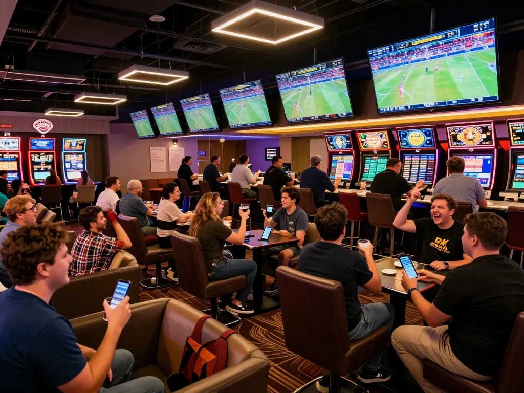 HITCLUB sports enthusiasts celebrating their winning bets in a lively casino atmosphere.
