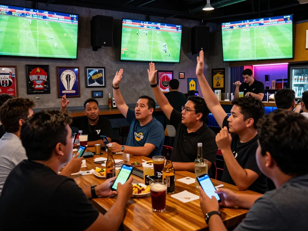 Fans enjoying kèo bóng đá trực tuyến action in a lively sports bar setting, surrounded by screens and cheering.