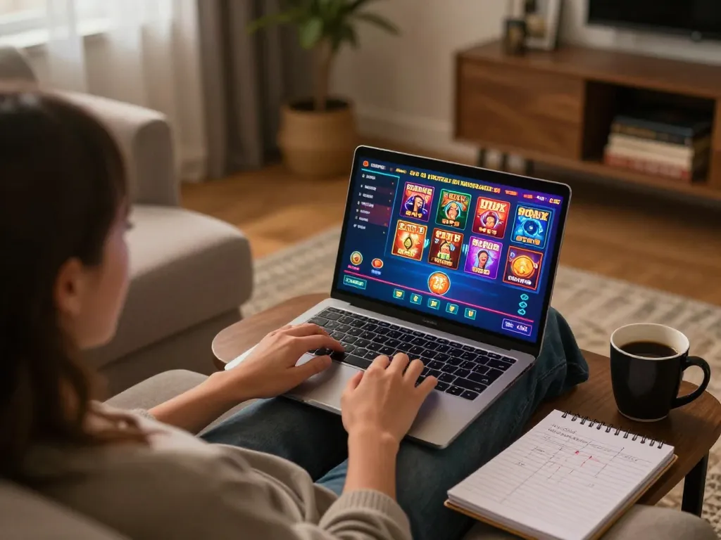 Engaged player enjoying online gaming with Nhà cái uy tín on laptop, showcasing responsible gambling.