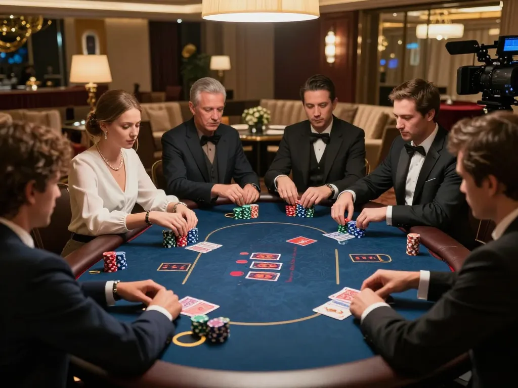 Players enjoying a thrilling poker game at SKY88's VIP table, showcasing high stakes and excitement in a luxurious setting.