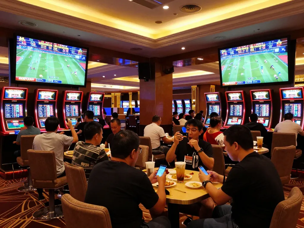 Engaged players placing bets on mm88bet while enjoying a vibrant sports betting lounge atmosphere.
