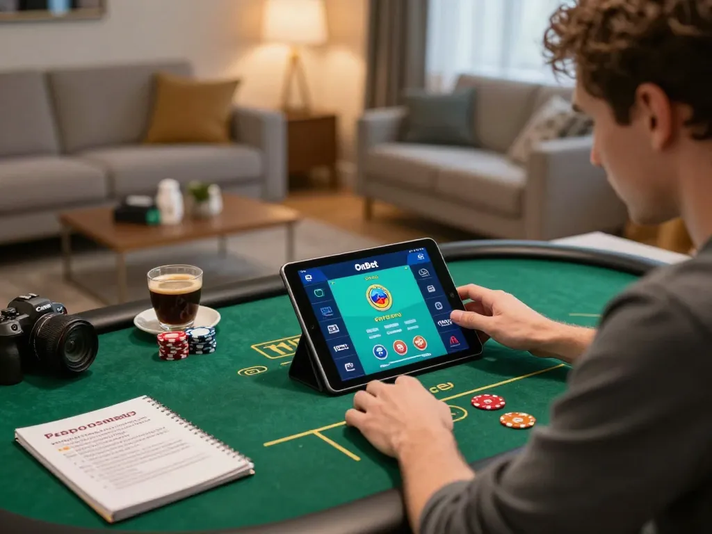 Engaged player using the OnBet app for online poker in a cozy home setting, emphasizing responsible gaming and strategy.