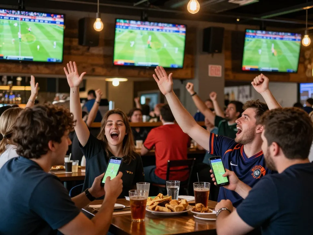 Engaging sports betting scene at GO8 with fans cheering and placing live bets.