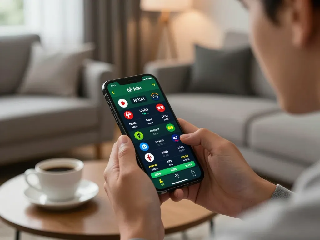 Person analyzing tỷ lệ kèo on a smartphone during an exciting sports betting session at home