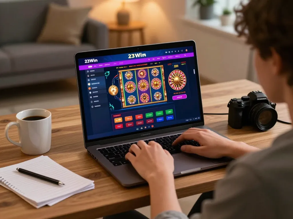 Engaging with 23Win's gaming platform on a laptop, showcasing slots and roulette game graphics.