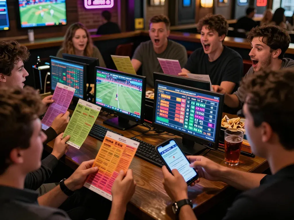 TIP88 patrons engaging in live sports betting at a vibrant bar with mobile apps.