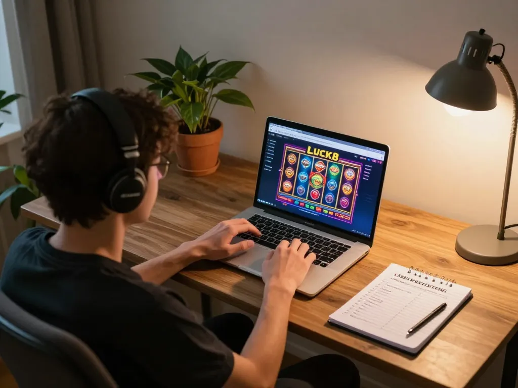 Player engaging with LUCK8 casino on a laptop, showcasing betting strategies and game interface
