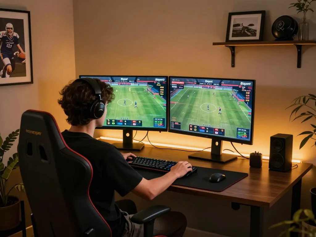 Engaged player using Bsport for live sports betting on a modern gaming setup.