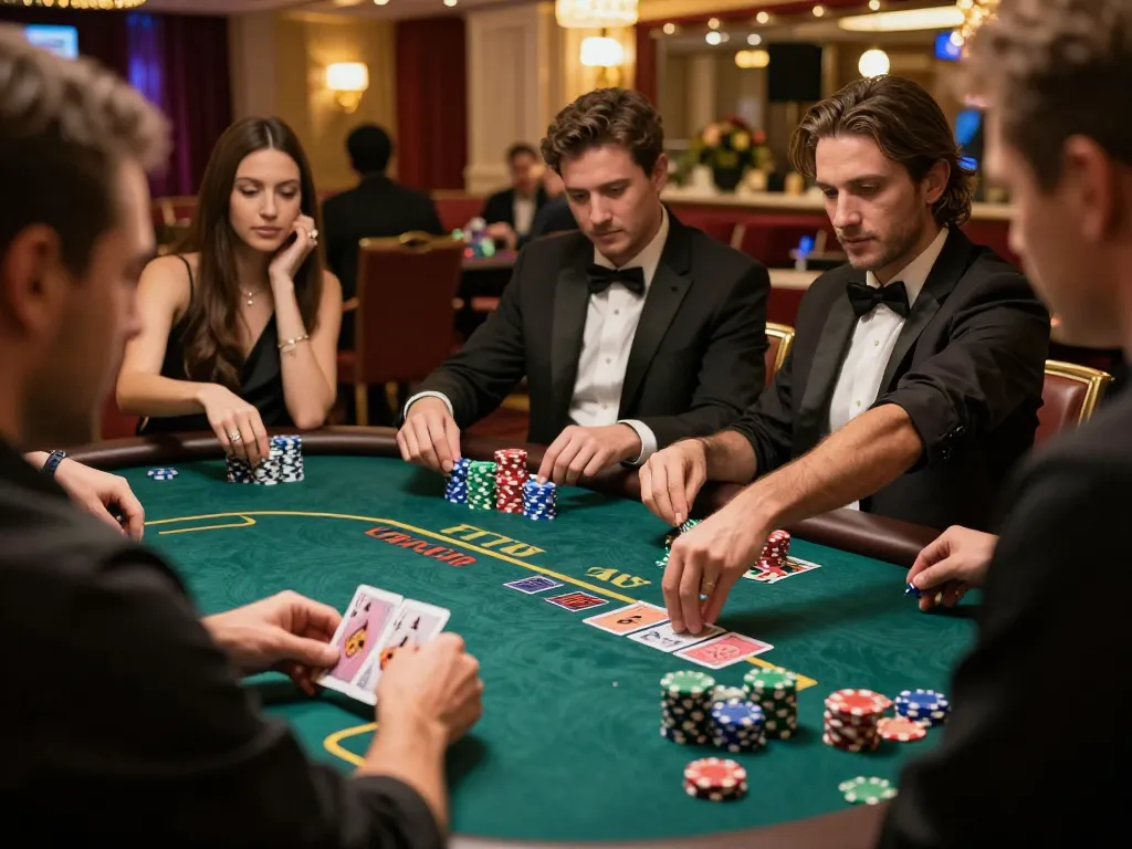 SIN88 players engaging in a strategic blackjack game at a vibrant casino table