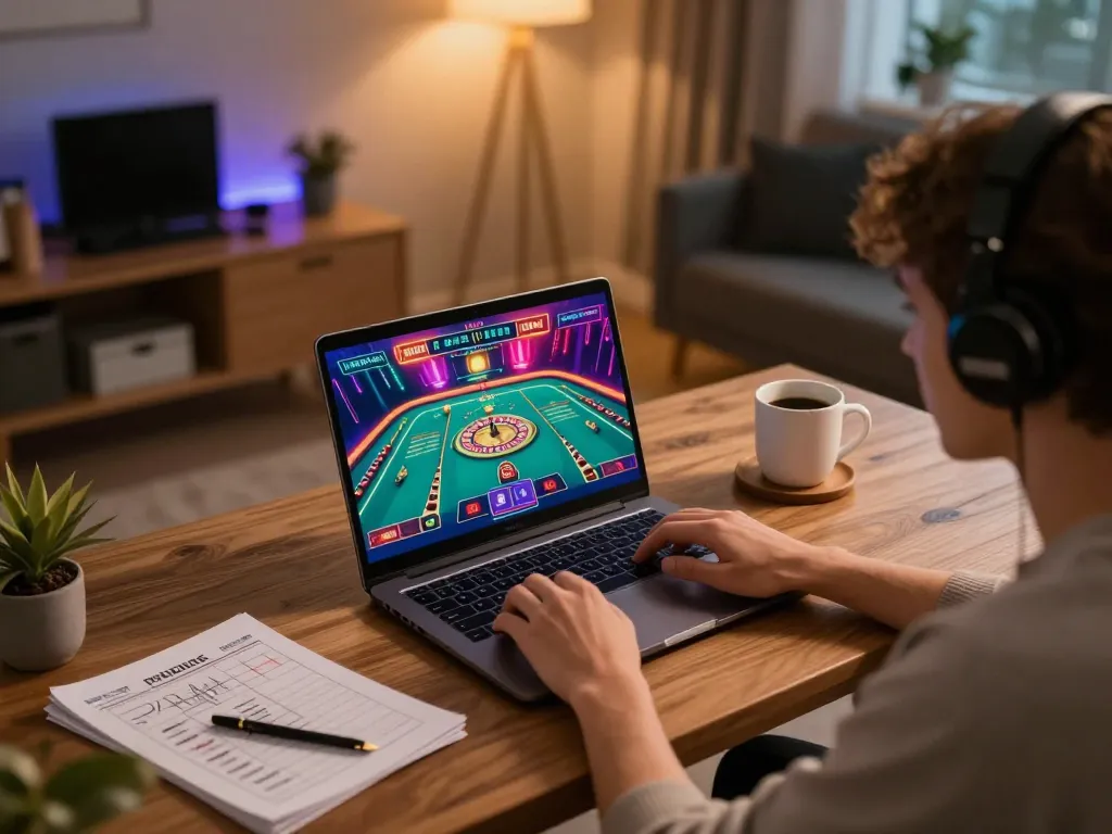 Play exciting roulette at KP88 with a cozy home gaming setup showcasing strategy notes and a laptop.