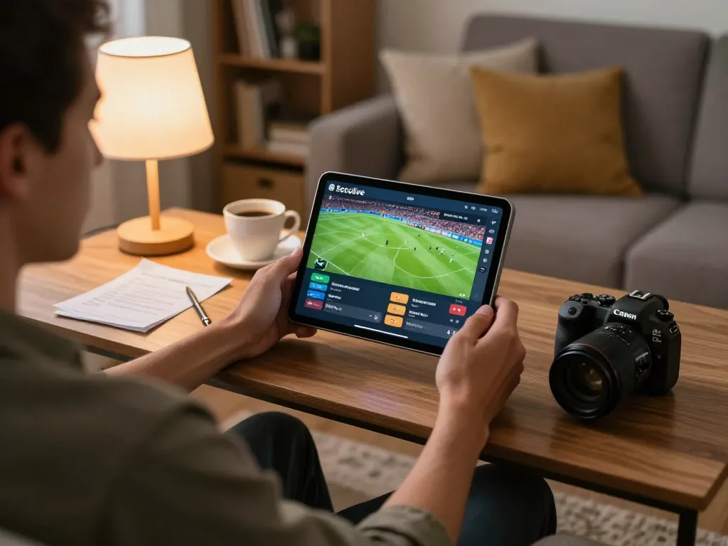 Using Socolive to stream live football matches on a tablet in a cozy home setting.