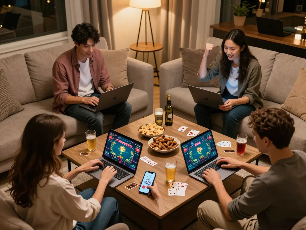 Enjoy an exciting online poker game with friends using LC88 on various devices in a cozy home setting.