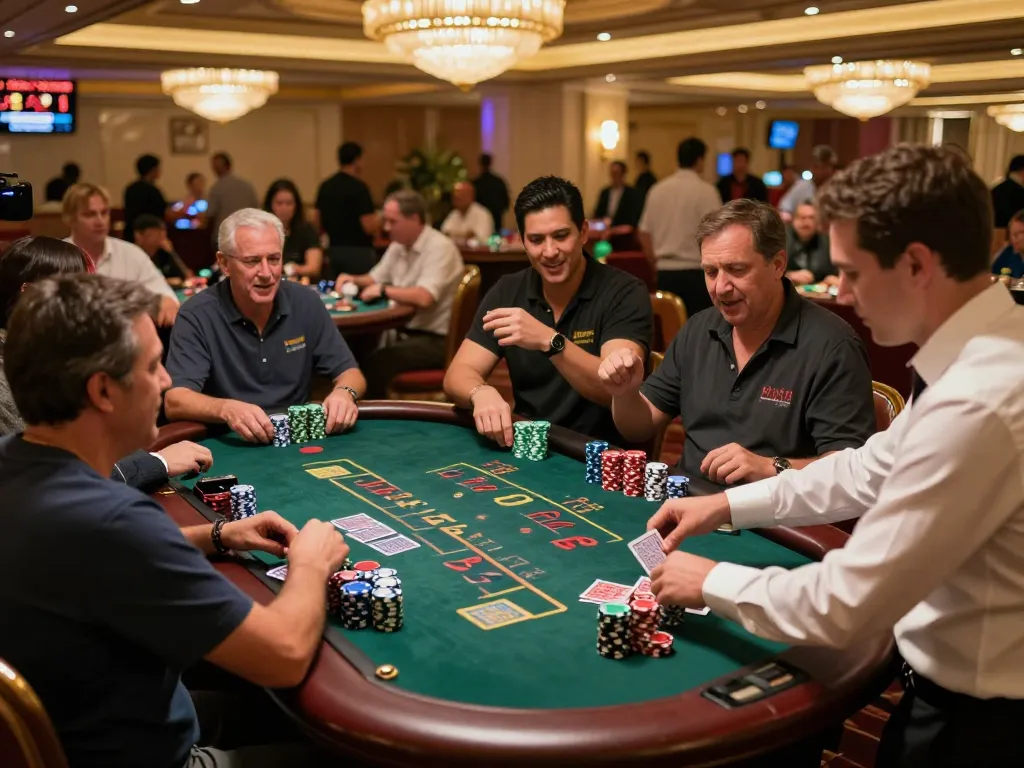 Players at a blackjack table in Las Vegas showcasing exciting debet gameplay amidst a vibrant casino atmosphere.