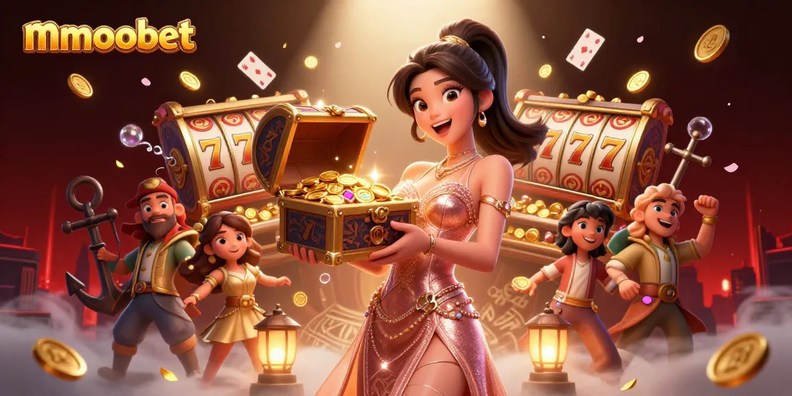 mmoobet showcases a stunning Asian woman presenting treasures in a slot game paradise.