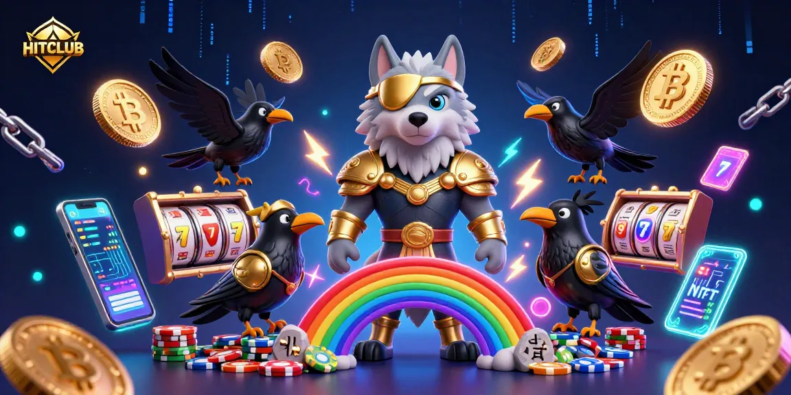 Spin the HITCLUB slots with a Norse wolf and ravens amidst casino chips and crypto elements.